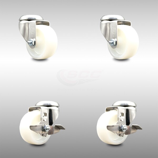 3 Inch 316SS Nylon Wheel Swivel Bolt Hole Caster Brakes, 2PK